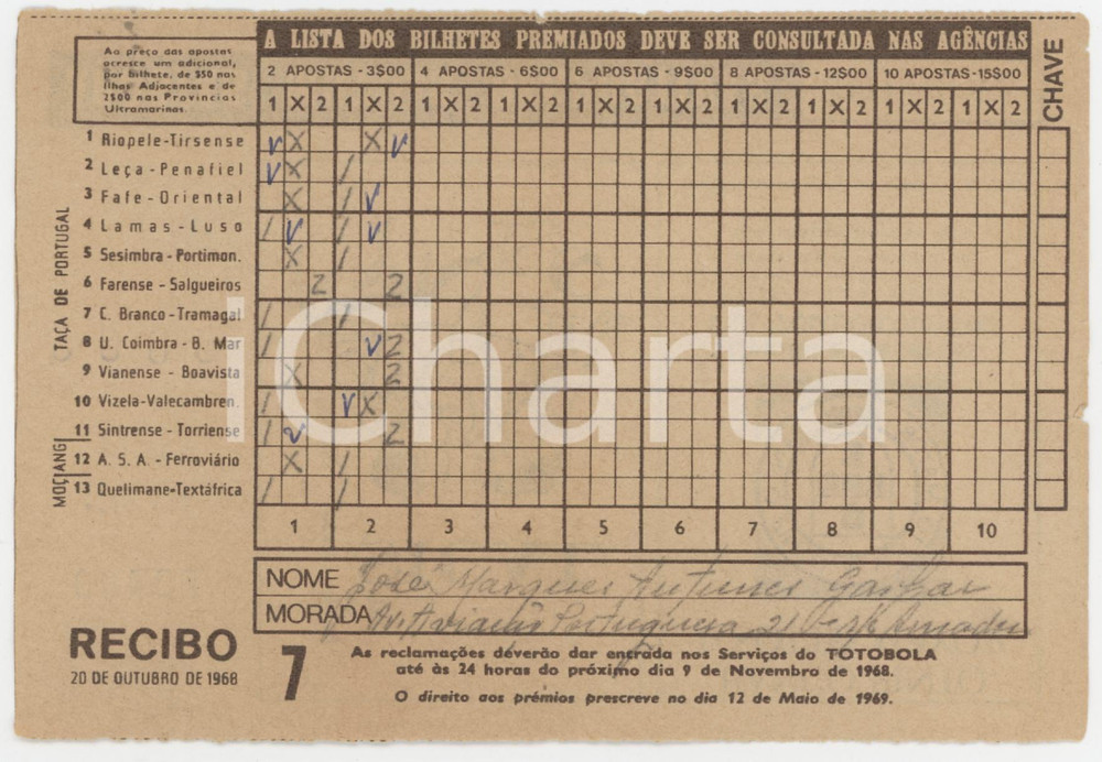 1968 PORTUGAL TOTOBOLA Semana 7 - Apostas mutuas desportivas - Bilhete 3 Ricevuta giocata di una scheda del Totobola.  POOR/danneggiato Piegature e e gualciture diffuse, piccoli strappi ai margini Formato: 14x10 cm originale e autentica 1