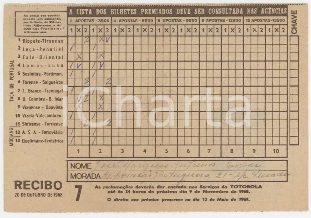 1968 PORTUGAL TOTOBOLA Semana 7 - Apostas mutuas desportivas - Bilhete 2 Ricevuta giocata di una scheda del Totobola.  POOR/danneggiato Piegature e e gualciture diffuse Formato: 14x10 cm originale e autentica 1