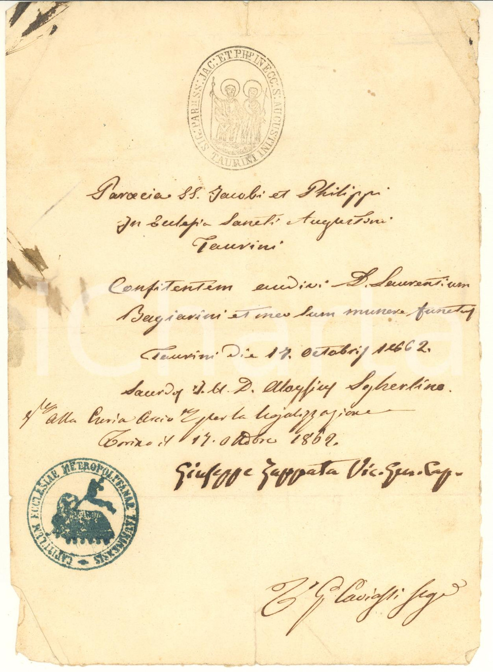 Documento originale, autentico 1862 TORINO Parrocchia SS. GIACOMO E FILIPPO Confessione Lorenzo BAGIARINI 1
