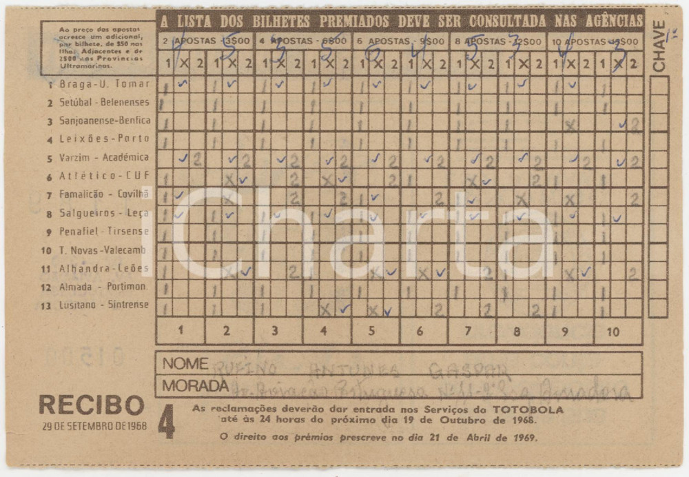 1968 PORTUGAL TOTOBOLA Semana 4 - Apostas mutuas desportivas - Bilhete 4 Ricevuta giocata di una scheda del Totobola.  POOR/danneggiato Piegature e e gualciture diffuse Formato: 14x10 cm originale e autentica 1