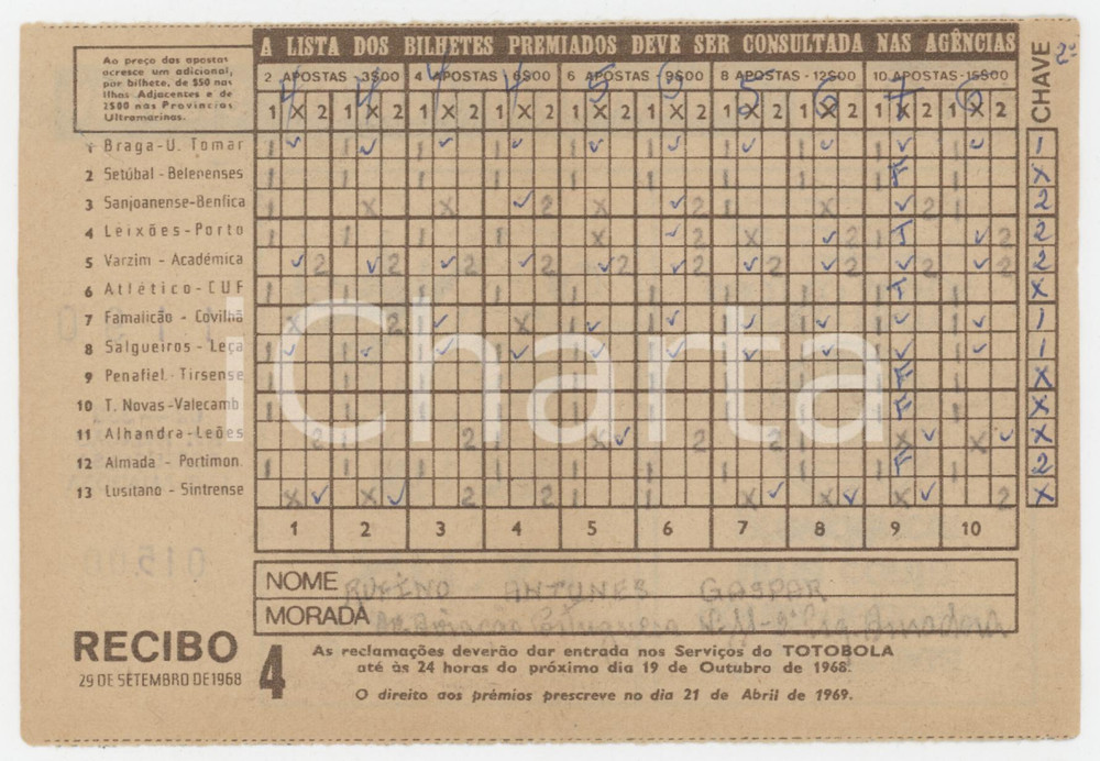 1968 PORTUGAL TOTOBOLA Semana 4 - Apostas mutuas desportivas - Bilhete 6 Ricevuta giocata di una scheda del Totobola.  POOR/danneggiato Piegature e e gualciture diffuse Formato: 14x10 cm originale e autentica 1