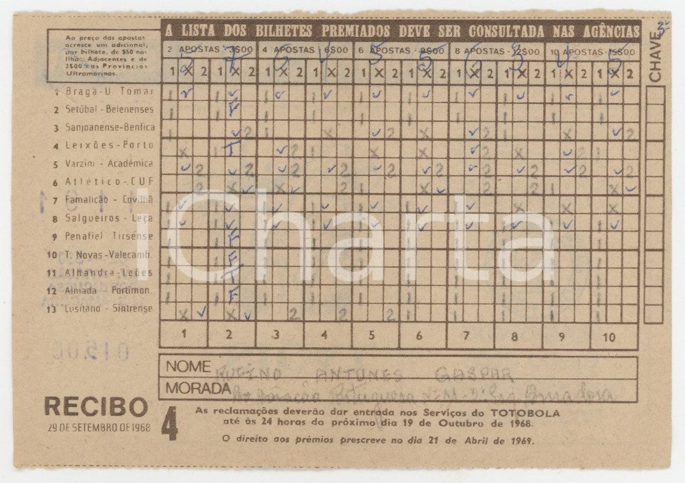 1968 PORTUGAL TOTOBOLA Semana 4 - Apostas mutuas desportivas - Bilhete 1 Ricevuta giocata di una scheda del Totobola.  POOR/danneggiato Piegature e e gualciture diffuse Formato: 14x10 cm originale e autentica 1