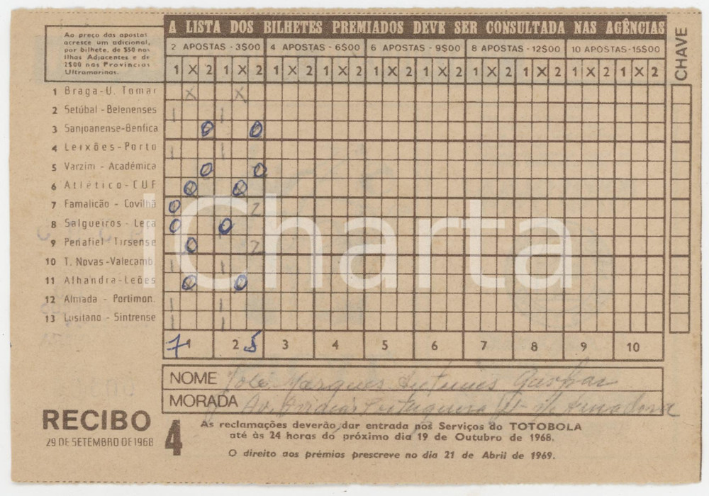 1968 PORTUGAL TOTOBOLA Semana 4 - Apostas mutuas desportivas - Bilhete 2 Ricevuta giocata di una scheda del Totobola.  POOR/danneggiato Piegature e e gualciture diffuse Formato: 14x10 cm originale e autentica 1