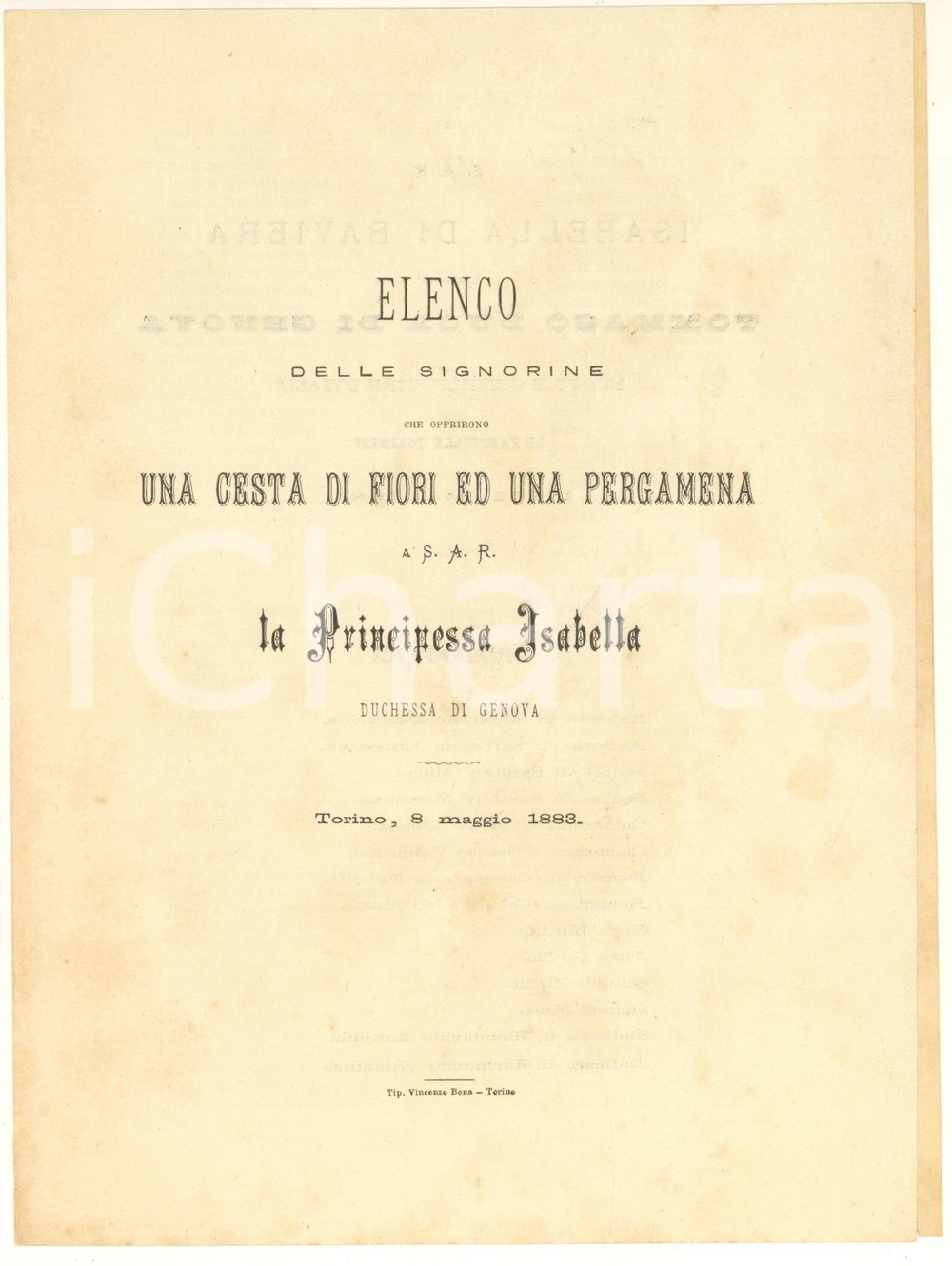 Documento originale, autentico 1883 TORINO Signorine che offrirono fiori per nozze Isabella duchessa di GENOVA 1