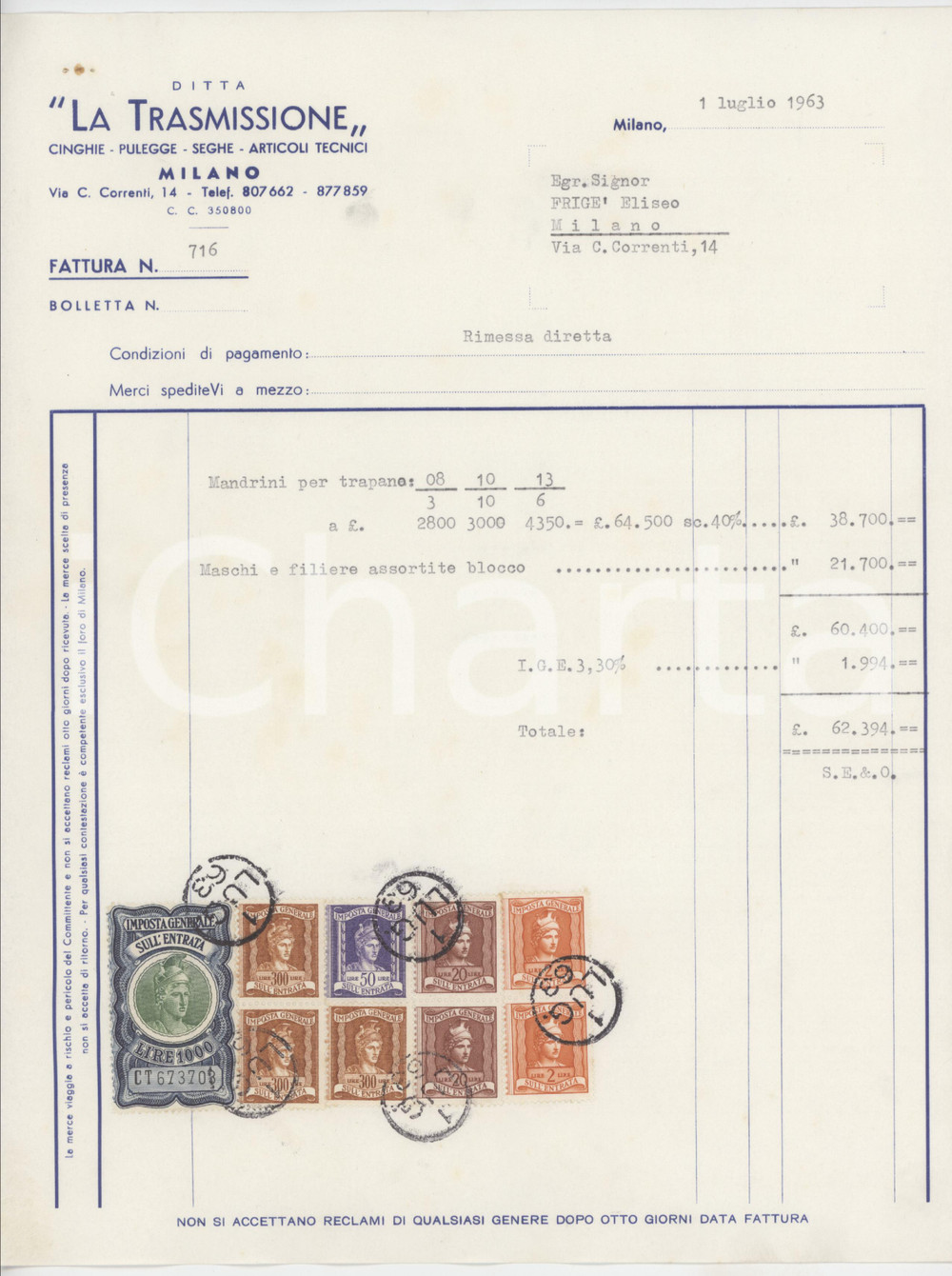 1963 MILANO via Cesare Correnti *LA TRASMISSIONE Articoli tecnici *Fattura 2 Fattura commerciale d'epoca, dattiloscritta, su carta intestata, con bolli.PAGINE: 1 FAIR/discreto piegature d'epoca; fori da spillatura, con minime tracce di ruggine  originale e autentica 1