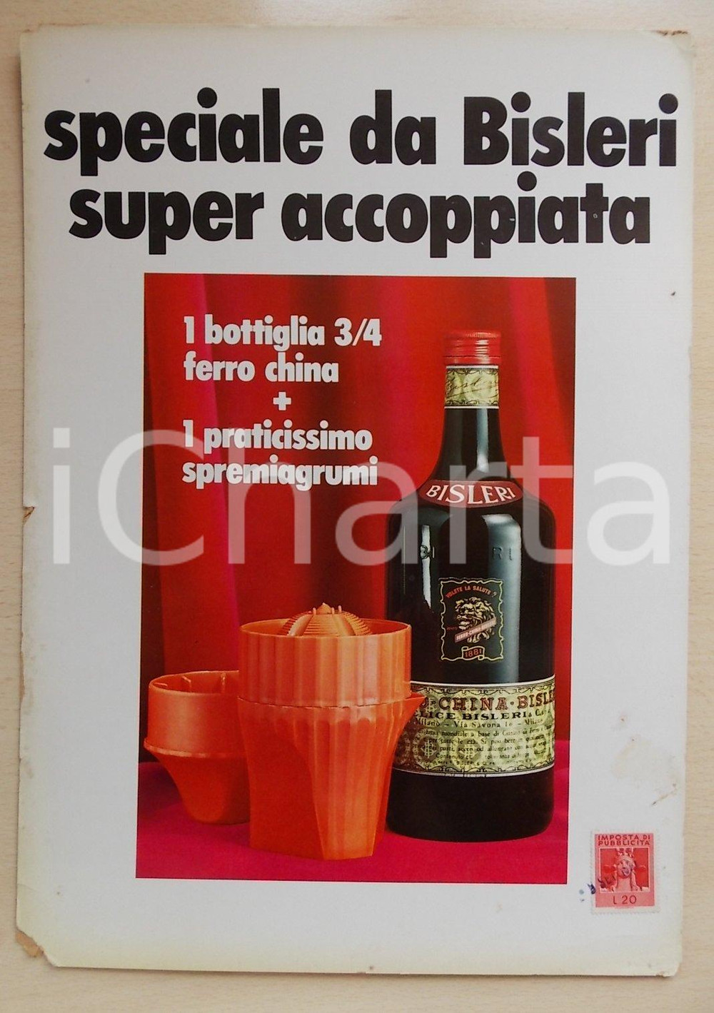 Materiale pubblicitario d’epoca 1970 ca MILANO BISLERI Promozione FERRO CHINA e spremiagrumi Pannello 5 1