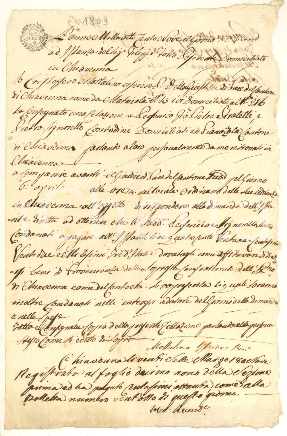 1809 CHIAVENNA Mandato a  comparire per PESSENICO e SIGNORELLO affittuari morosi Documento manoscritto, originale d'epoca, nel quale sono invitati a comparire i fratelli Pessenico e Pietro Signorello, contadini della zona di Piano Zola accusati di essere in arretrato con il pagamento dell'affitto.PAGINE: 1 (2 facciate) FAIR/discreto lievi rosure marginali Formato: 20x30 cm originale e autentica 1