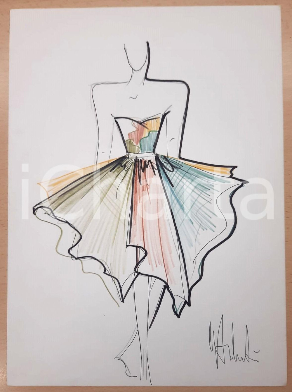 Stampa, bozzetto originale 1990 ca MODA MILANO Gianni TOLENTINO Bozzetto costume Anima AUTOGRAFO 1