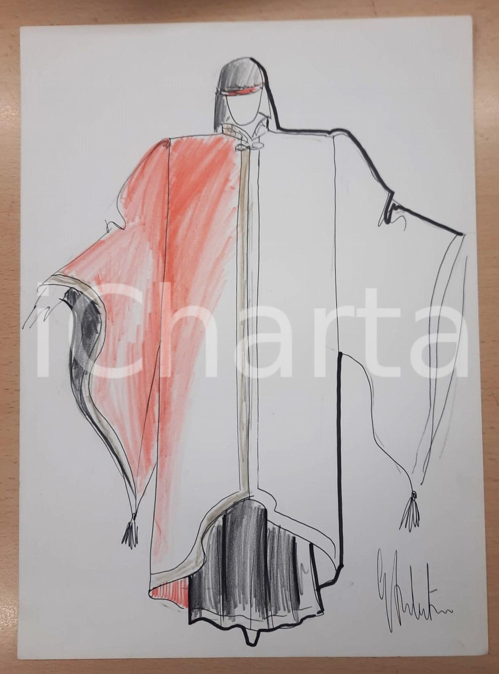 1990 ca MODA MILANO Gianni TOLENTINO Bozzetto costume diavolo mercante AUTOGRAFO Bozzetto originale, autografo, realizzato a pennarello e pastello, di mano dello stilista Gianni Tolentino.Su carta. GOOD/buono  Formato: 24x33 cm originale e autentica 1