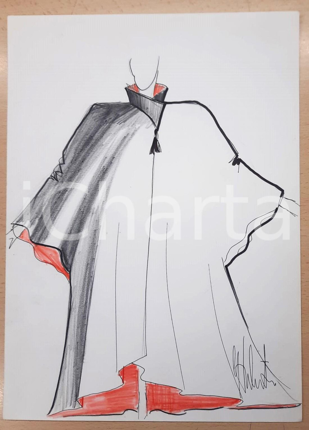 1990 ca MODA MILANO Gianni TOLENTINO Bozzetto diavolo con mantello AUTOGRAFO Bozzetto originale, autografo, realizzato a pennarello e pastello, di mano dello stilista Gianni Tolentino.Su carta. GOOD/buono  Formato: 24x33 cm originale e autentica 1