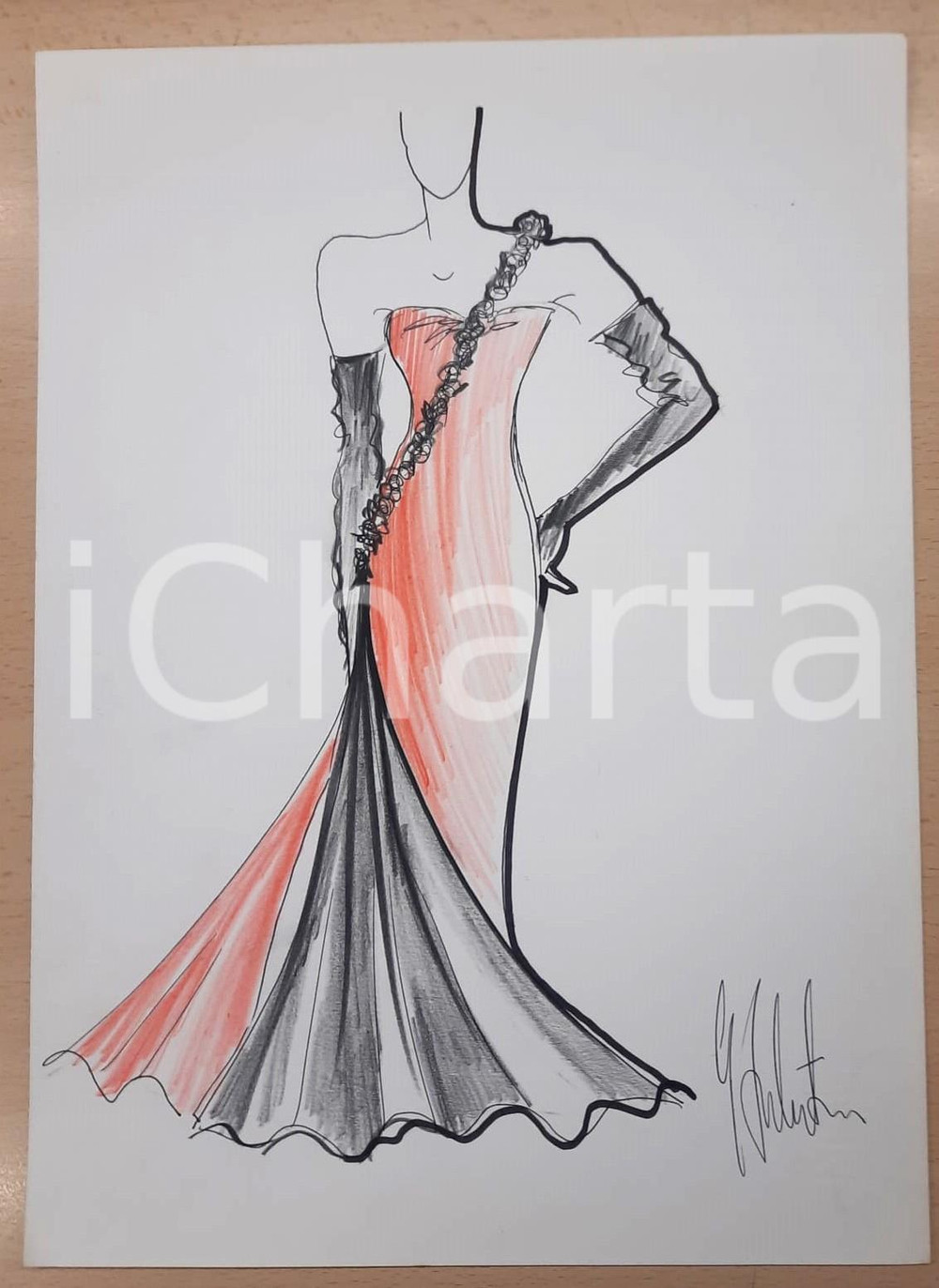 1990 ca MODA MILANO Gianni TOLENTINO Bozzetto diavolo ammaliatore *AUTOGRAFO Bozzetto originale, autografo, realizzato a pennarello e pastello, di mano dello stilista Gianni Tolentino.Su carta. GOOD/buono  Formato: 24x33 cm originale e autentica 1
