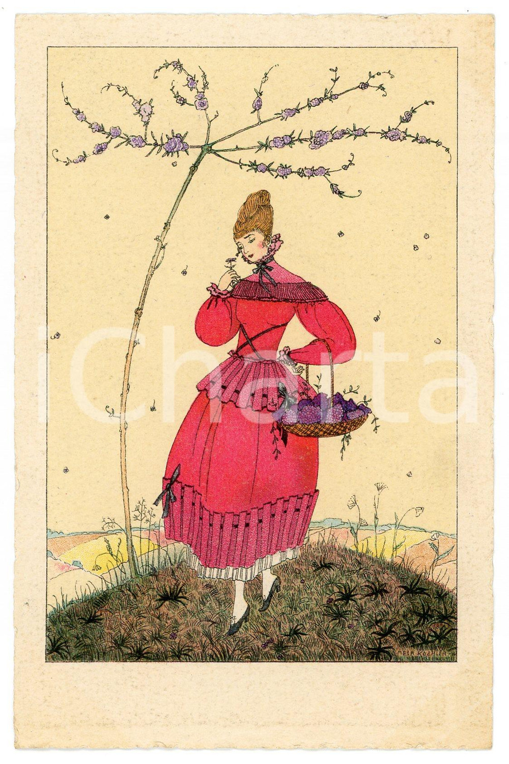 Cartolina originale da collezione 1920 ca ART DECO Artist Mela KOEHLER  Woman picking flowers Postcard 1