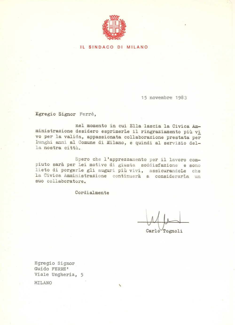 Autografo originale 1983 MILANO Lettera Carlo TOGNOLI a un collaboratore in uscita Autografo 1