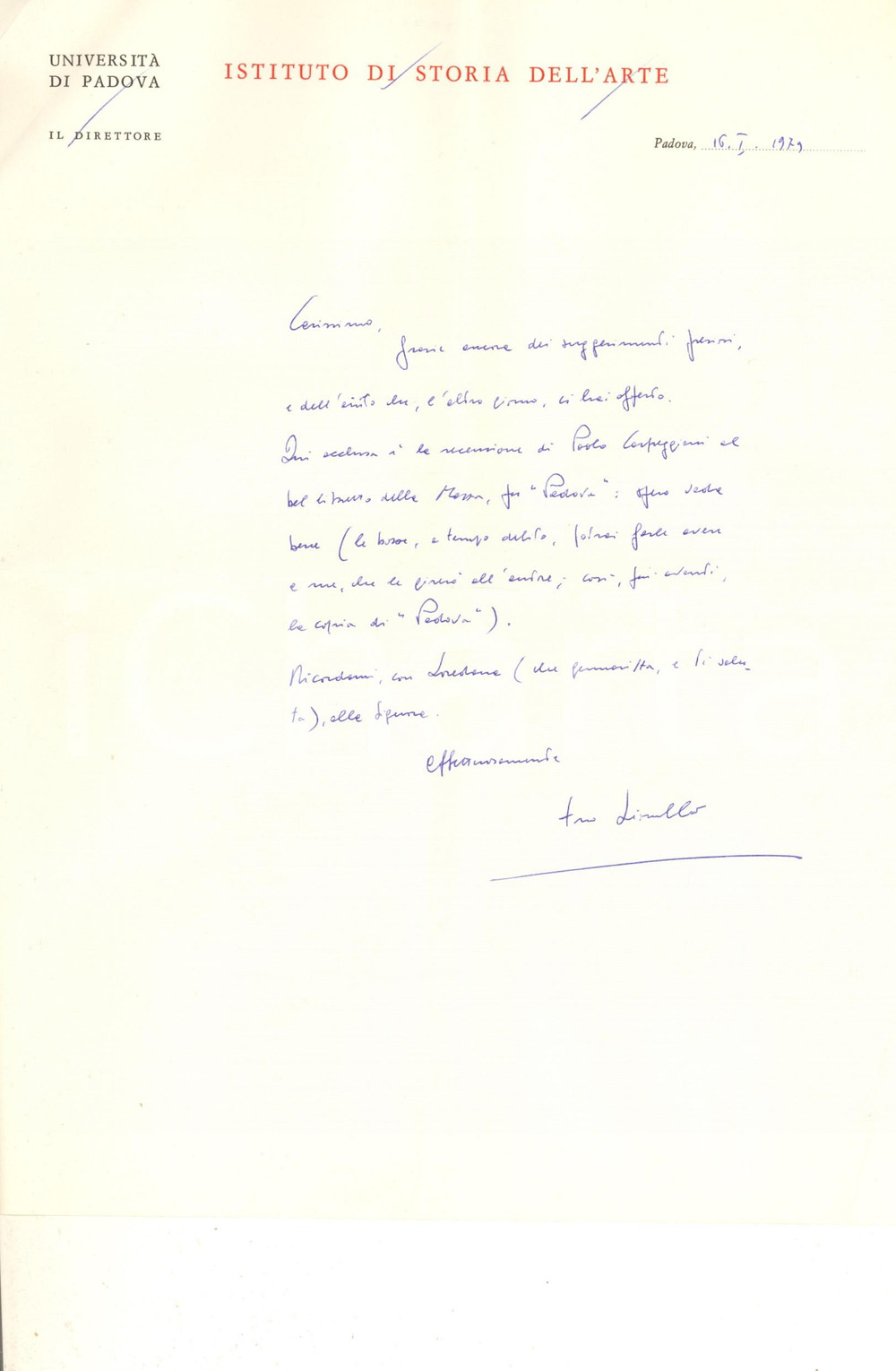 Autografo originale 1979 PADOVA Lionello PUPPI  Invio di recensione a un collega AUTOGRAFO 1