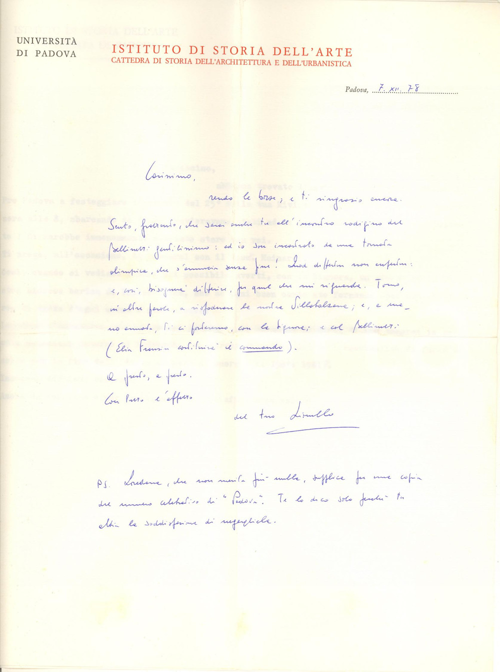 Autografo originale 1978 PADOVA Lionello PUPPI  Incontro a Rovigo con un collega AUTOGRAFO 1