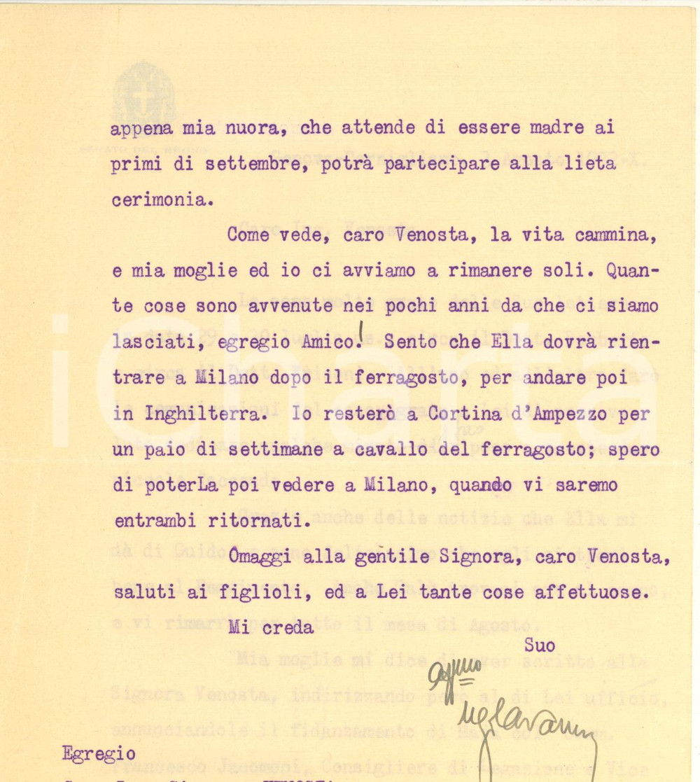 Autografo originale 1932 GENOVA Lettera Ugo CAVALLERO  Fidanzamento della figlia AUTOGRAFO 1