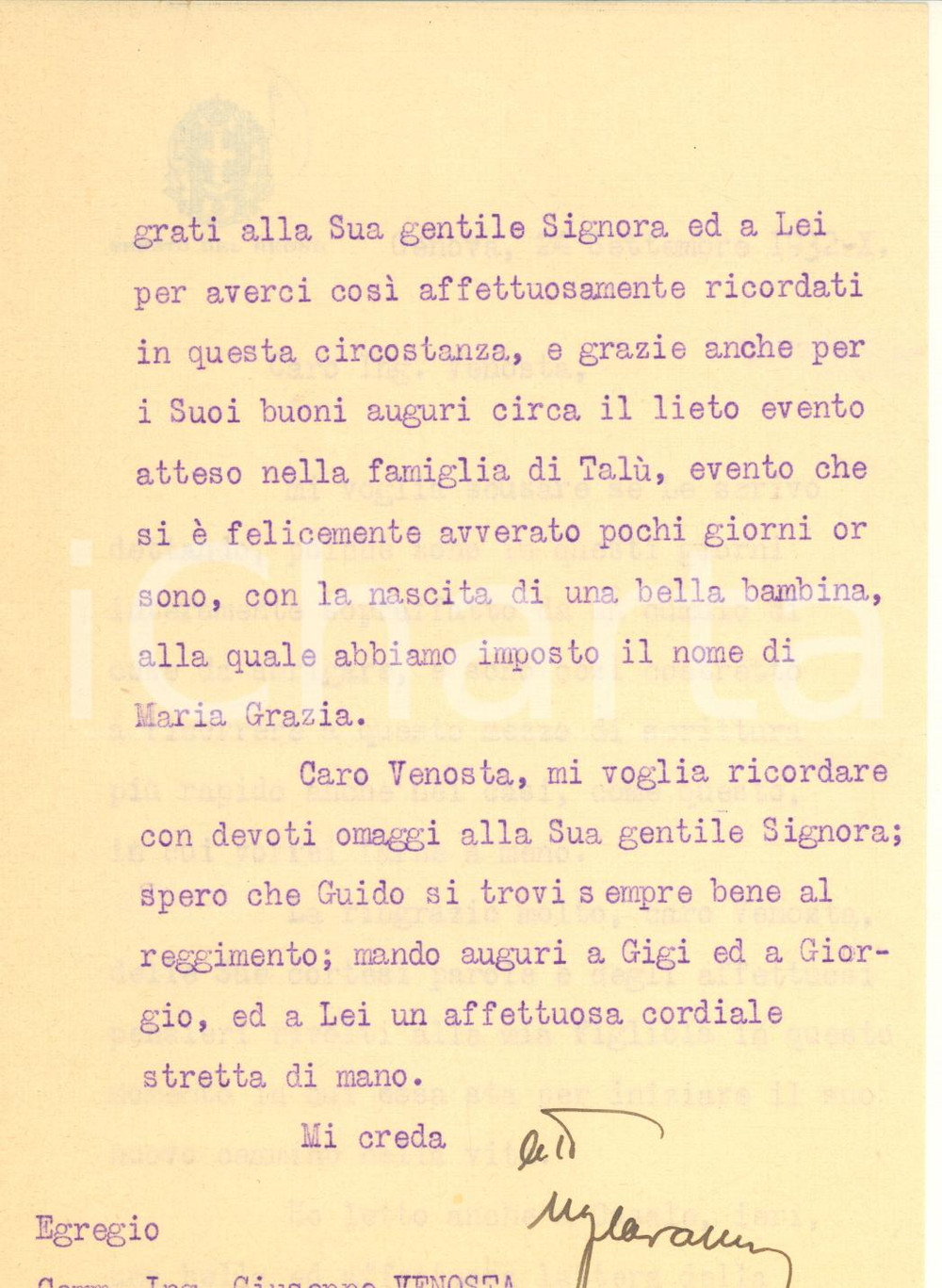 Autografo originale 1932 GENOVA Lettera Ugo CAVALLERO  Nascita di una nipote AUTOGRAFO 1
