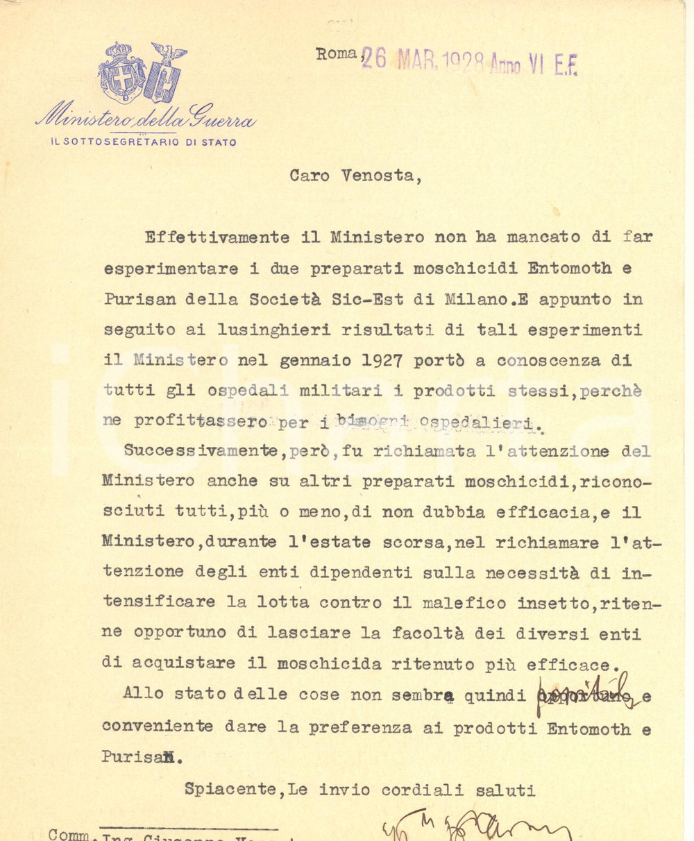 1928 GENOVA Lettera Ugo CAVALLERO - Sperimentazione moschicidi *AUTOGRAFO Lettera dattiloscritta, con firma autografa del noto generale e politico, relativa alla sperimentazione di preparati moschicidi per gli ospedali militari.Su carta intestata "Ministero della Guerra - Il Sottosegretario di Stato".PAGINE: 4 facciate (1 scritta)  GOOD/buono piegature d'epoca Formato: 18x22 cm originale e autentica 1