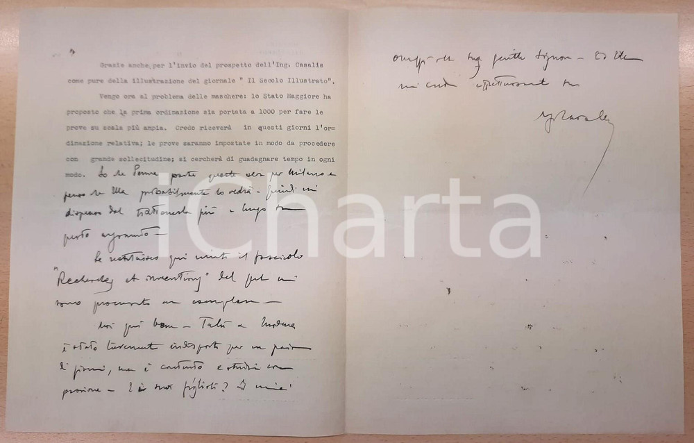 Autografo originale 1926 ROMA Ugo CAVALLERO  Autocarri a gasogeno  Maschere antigas AUTOGRAFO 1