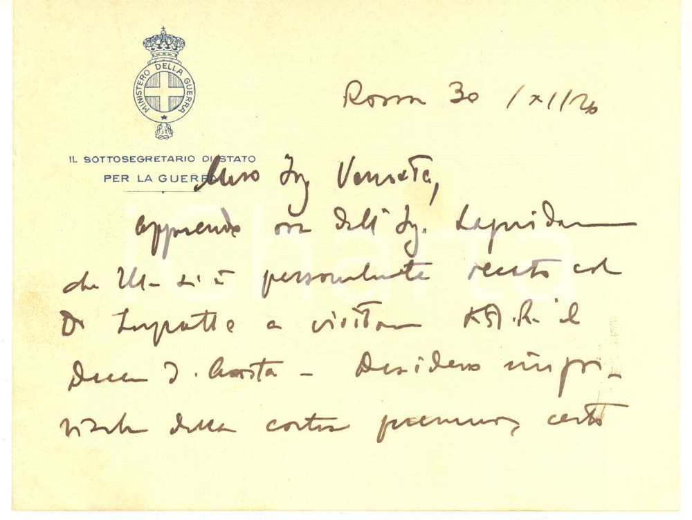 Autografo originale 1926 ROMA Ugo CAVALLERO  Visita al Duca d Aosta  Biglietto AUTOGRAFO 1