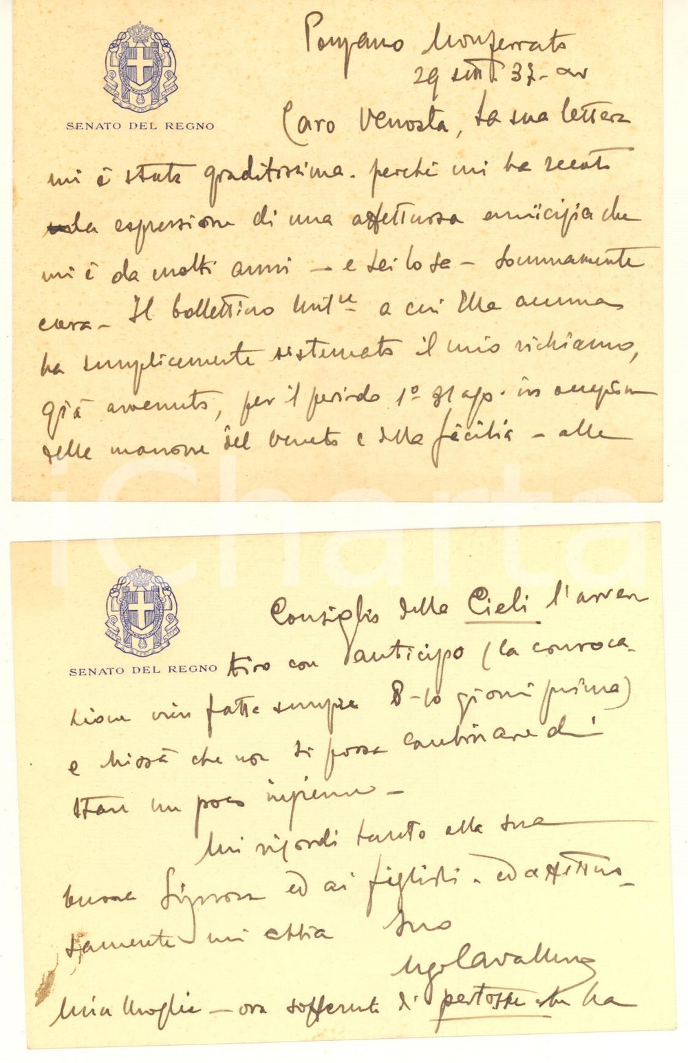 Autografo originale 1937 PONZANO MONFERRATO Ugo CAVALLERO spera di evitare la guerra  AUTOGRAFO 1