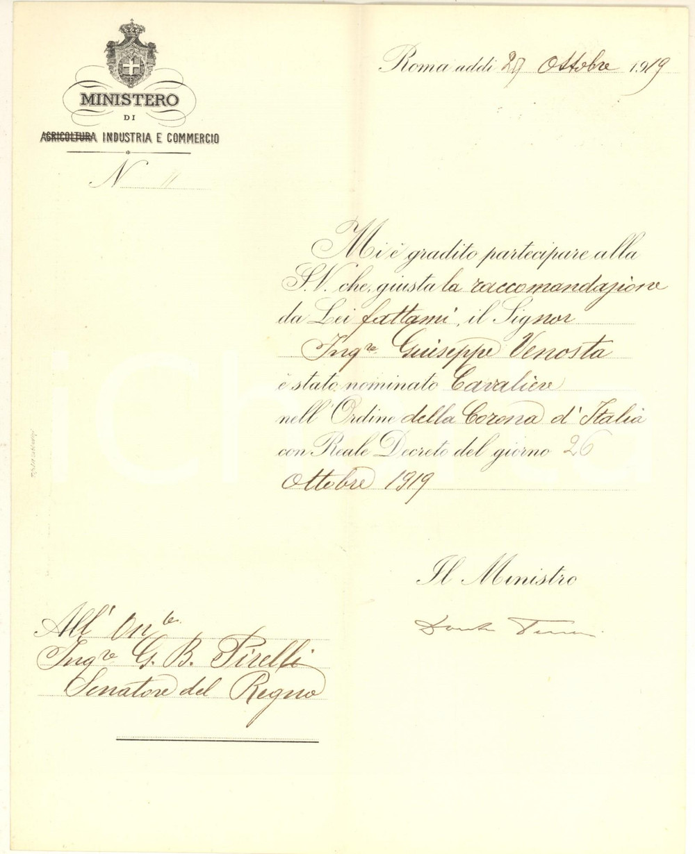 Autografo originale 1919 ROMA Autografo ministro Dante FERRARIS su lettera di nomina 1
