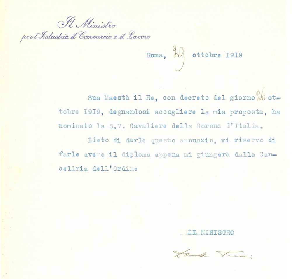 Autografo originale 1919 ROMA Lettera ministro Dante FERRARIS per nomina cavaliere Autografo 1