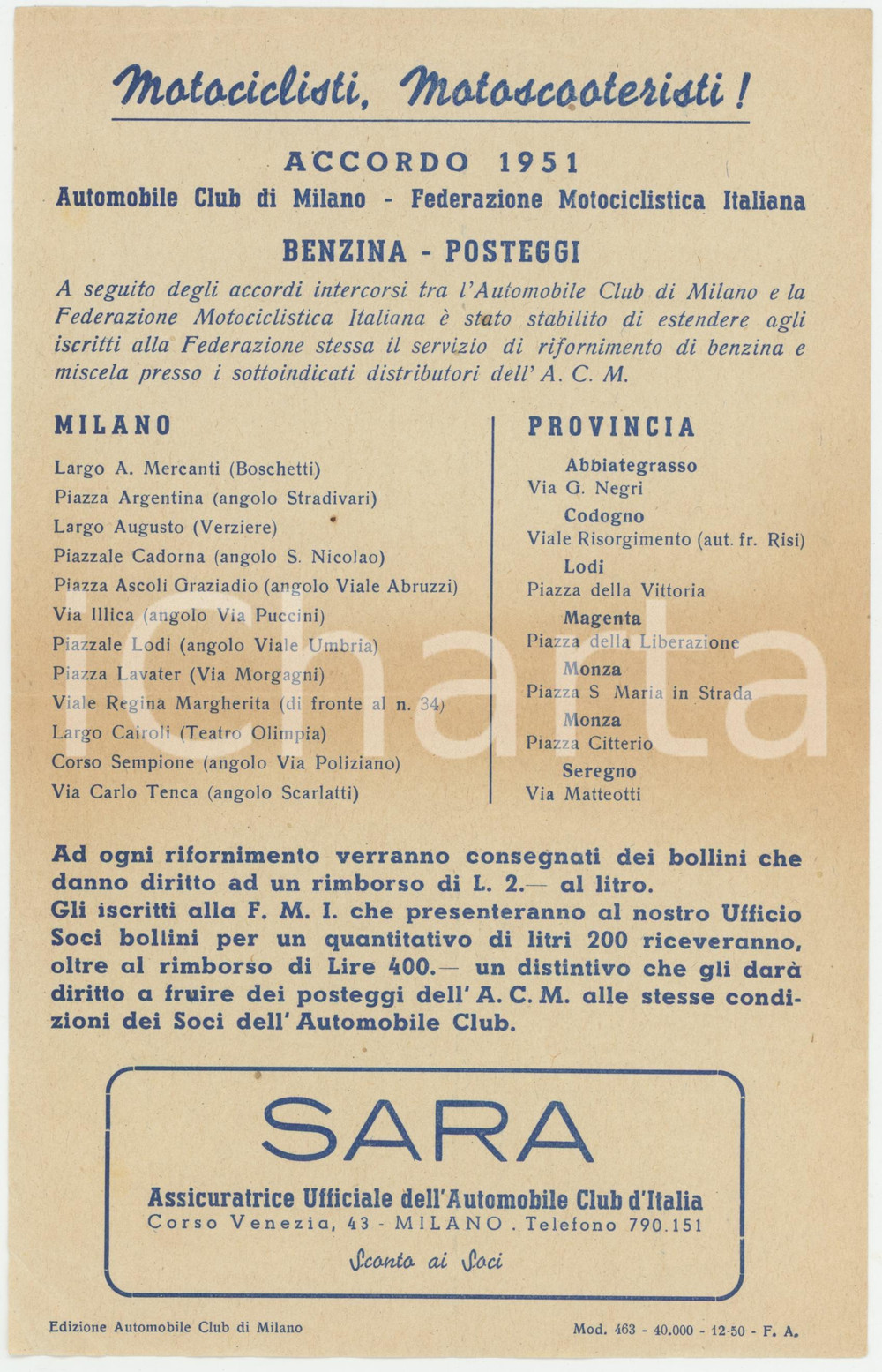 Oggetto da collezione cartaceo 1950 Automobile Club MILANO Accordo benzina e posteggi motociclisti Volantino 1