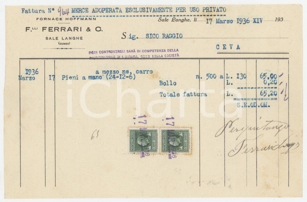 1936 SALE DELLE LANGHE Fratelli FERRARI & C. Fornace HOFFMANN Fattura 22x14 cm Fattura commerciale d'epoca, su carta intestata, dattiloscritta. Con marca da bollo. FAIR/discreto Piegature d'epoca Formato: 22x14 cm originale e autentica 1
