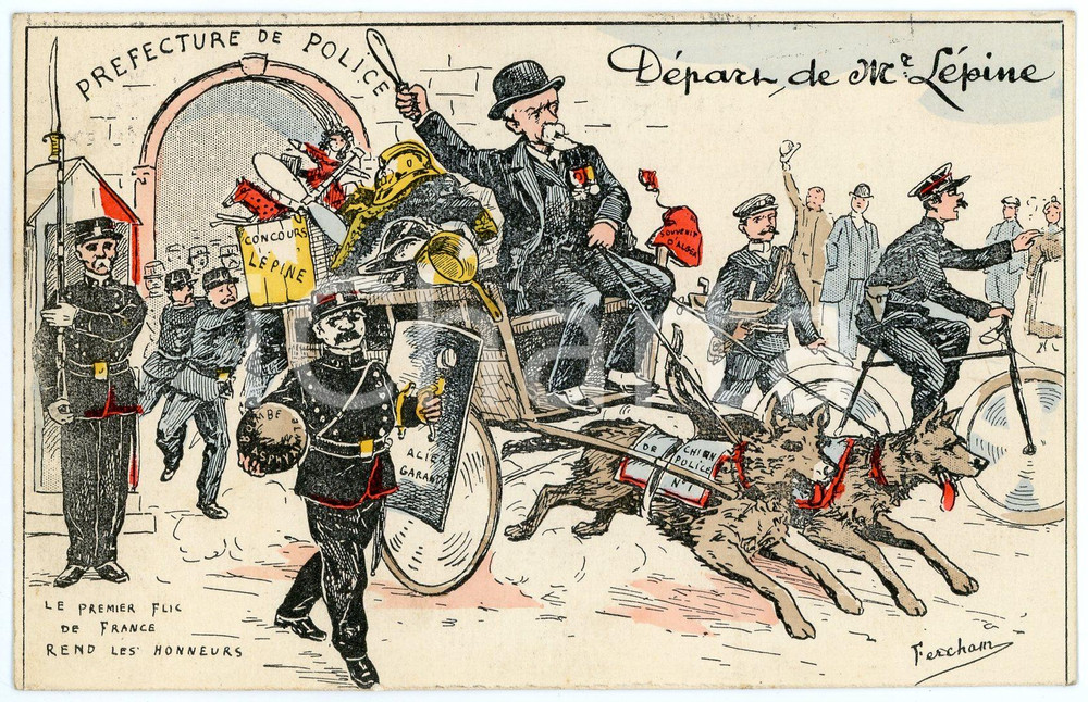 Cartolina originale da collezione 1913 FRANCE SATIRE Départ de Louis LEPINE Préfet de police de PARIS Postcard 1