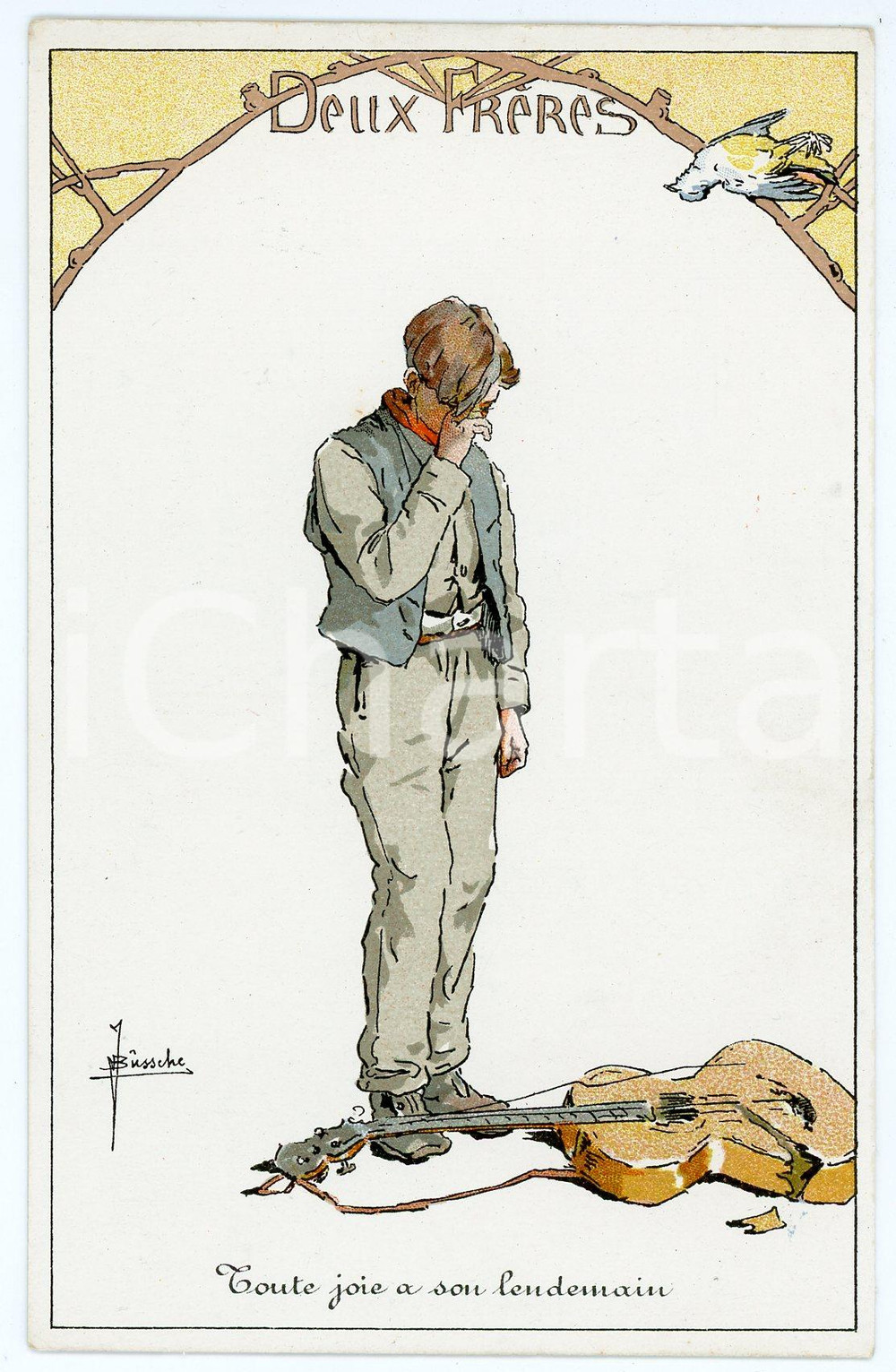 Cartolina originale da collezione 1910 ca  J. BUSSCHE Deux Frères  Toute joie a son lendemain Carte postale 1