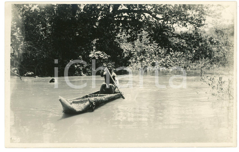 Fotografia d epoca originale 1930 ca CONGO BELGE Rivière PANDA Homme en pirogue Photo L. GABRIEL 50 1 1
