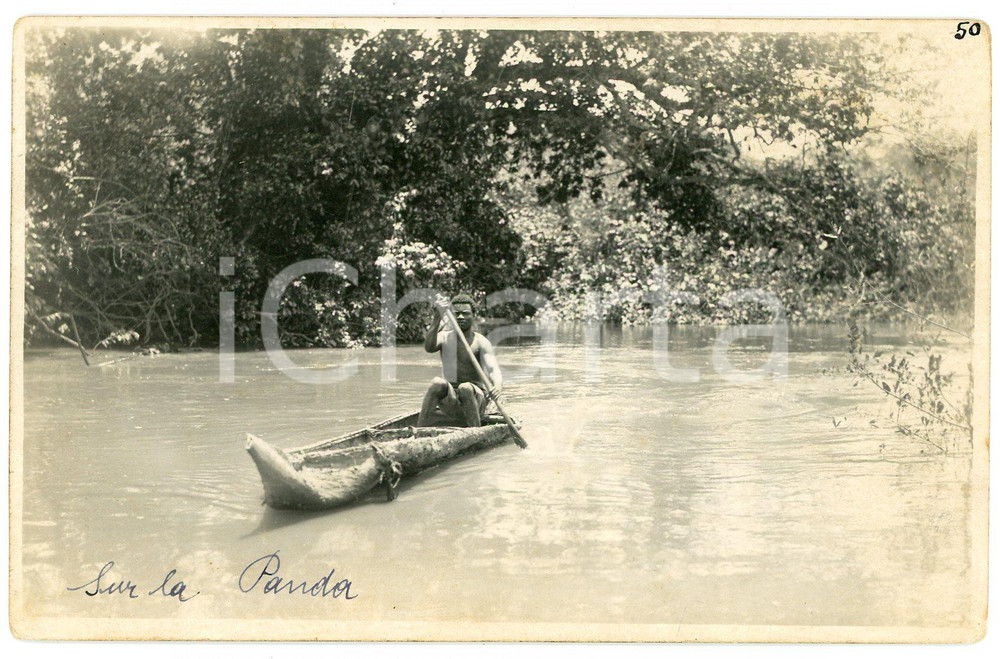 1930 ca CONGO BELGE Rivière PANDA Homme en pirogue *Photo L. GABRIEL 50 (4) Fotografia originale d'epoca, in formato cartolina postale.FOTOGRAFO: L&eacute;opold Gabriel - Panda - Katanga  GOOD/buono  Formato: 14x9 cm originale e autentica 1