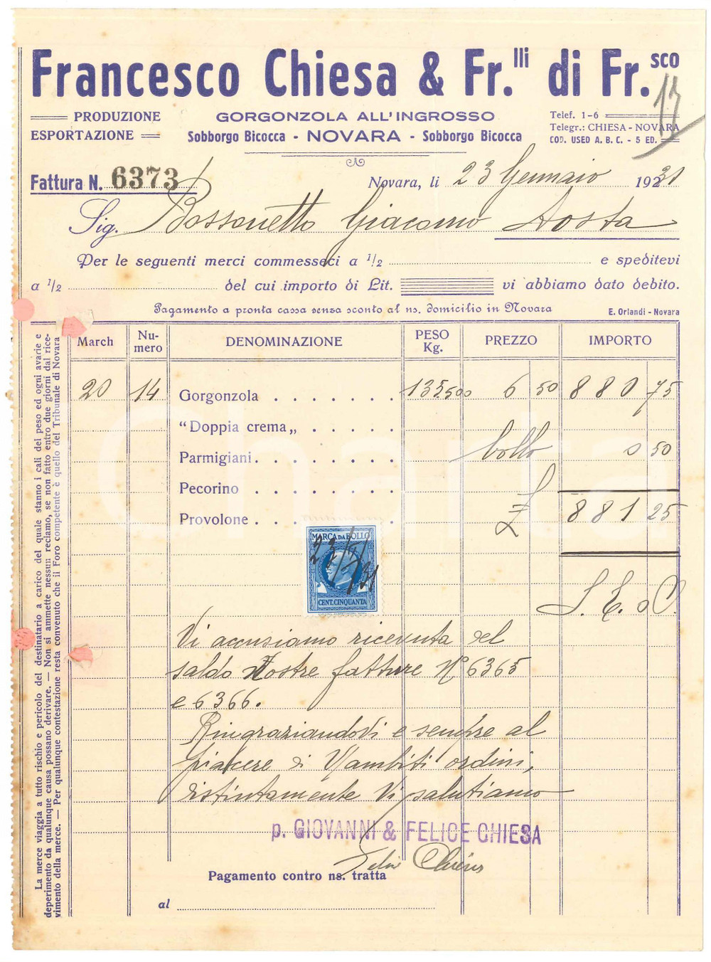 1931 NOVARA - Francesco CHIESA & Fr.lli di Francesco - Fattura gorgonzola (2) Fattura commerciale d'epoca manoscritta, su carta intestata.Presente marca da bollo.PAGINE: 1  FAIR/discreto piegature d'epoca, fori da classificatore Formato: 17x23 cm originale e autentica 1