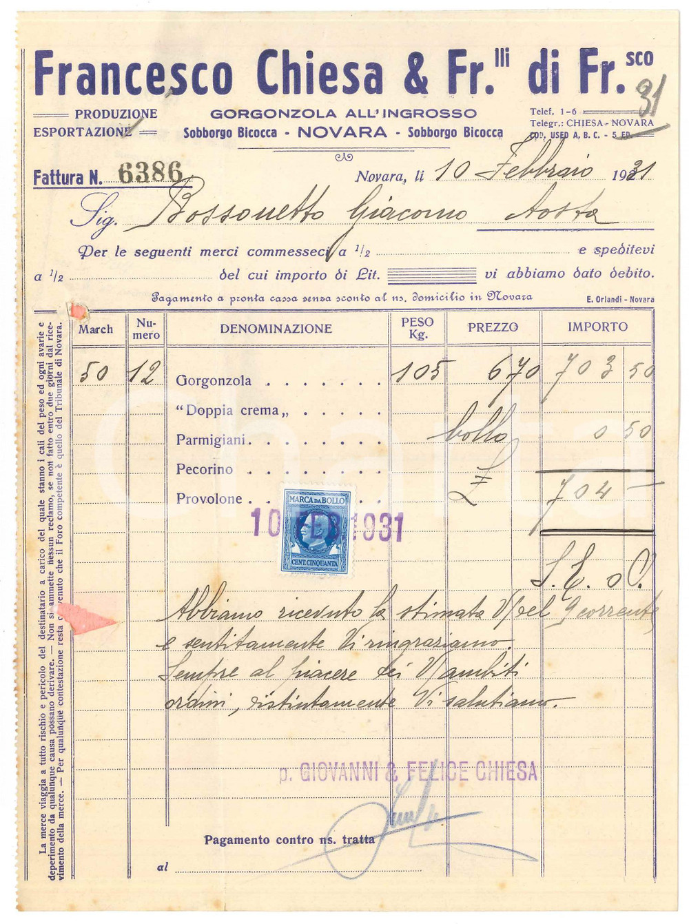 1931 NOVARA - Francesco CHIESA & Fr.lli di Francesco - Fattura gorgonzola (3) Fattura commerciale d'epoca manoscritta, su carta intestata.Presenta marca da bollo.PAGINE: 1  FAIR/discreto piegature d'epoca, fori da classificatore Formato: 17x23 cm originale e autentica 1
