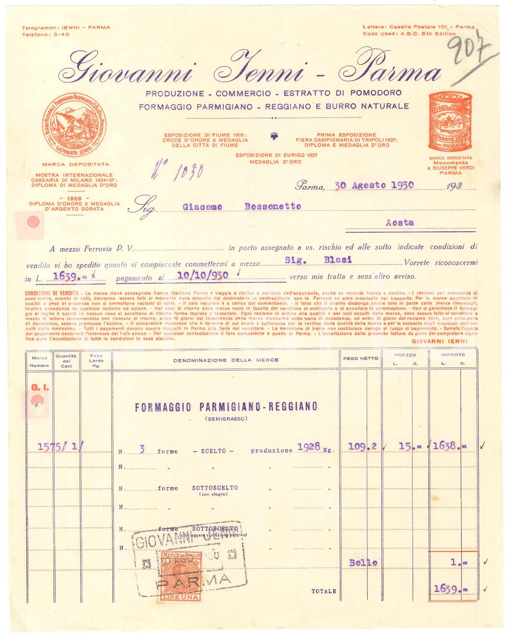1930 PARMA - Giovanni IENNI Produzione Formaggio Parmigiano Reggiano ^Fattura  Fattura commerciale d'epoca dattiloscritta, su carta intestata.Presente marca da bollo.PAGINE: 1 FAIR/discreto piegature d'epoca; piccoli fori da spillatura; fori da classificatore Formato: 22x28 cm originale e autentica 1