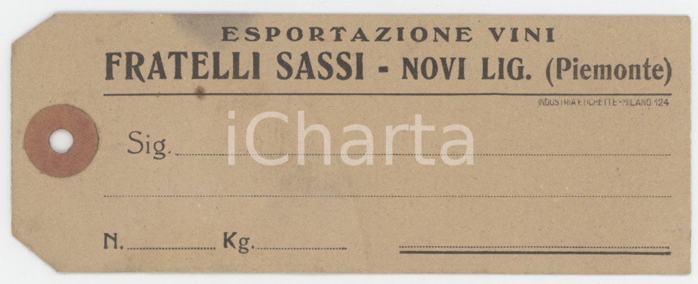 1930 ca NOVI LIGURE Fratelli SASSI Esportazione vini - Etichetta pubblicitaria 2 Etichetta pubblicitaria d'epoca. FAIR/discreto lievi macchie al lato superiore Formato: 13x5 cm originale e autentica 1