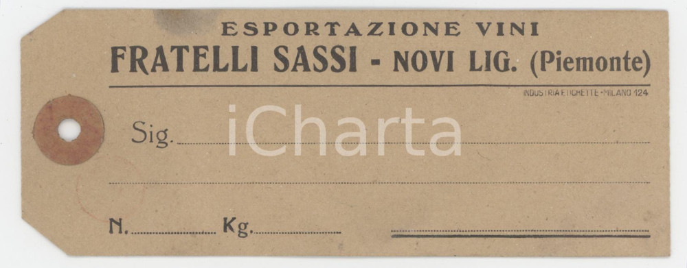 1930 ca NOVI LIGURE Fratelli SASSI Esportazione vini - Etichetta pubblicitaria 3 Etichetta pubblicitaria d'epoca. FAIR/discreto lievi piegature d'epoca; lieve macchia al lato superiore Formato: 13x5 cm originale e autentica 1