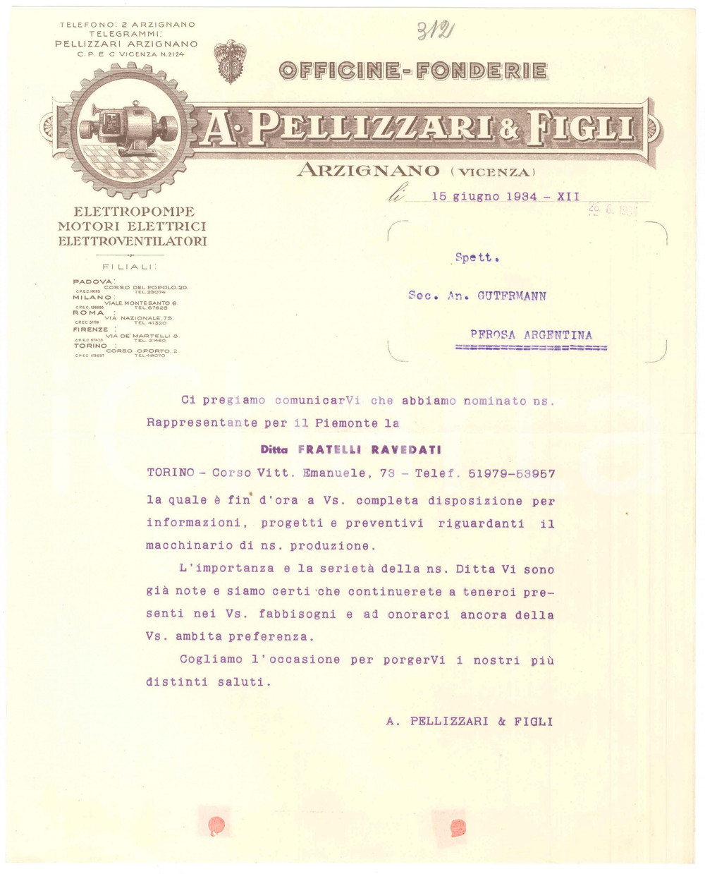 1934 ARZIGNANO A. PELLIZZARI & Figli Officine Fonderie *Lettera commerciale 3 Lettera dattiloscritta, originale d'epoca, su carta intestata, con la quale si segnala la ditta Ravedati come nuova rappresentante.PAGINE: 1 POOR/danneggiato piegature d'epoca; fori da classificatore Formato: 22x27 cm originale e autentica 1