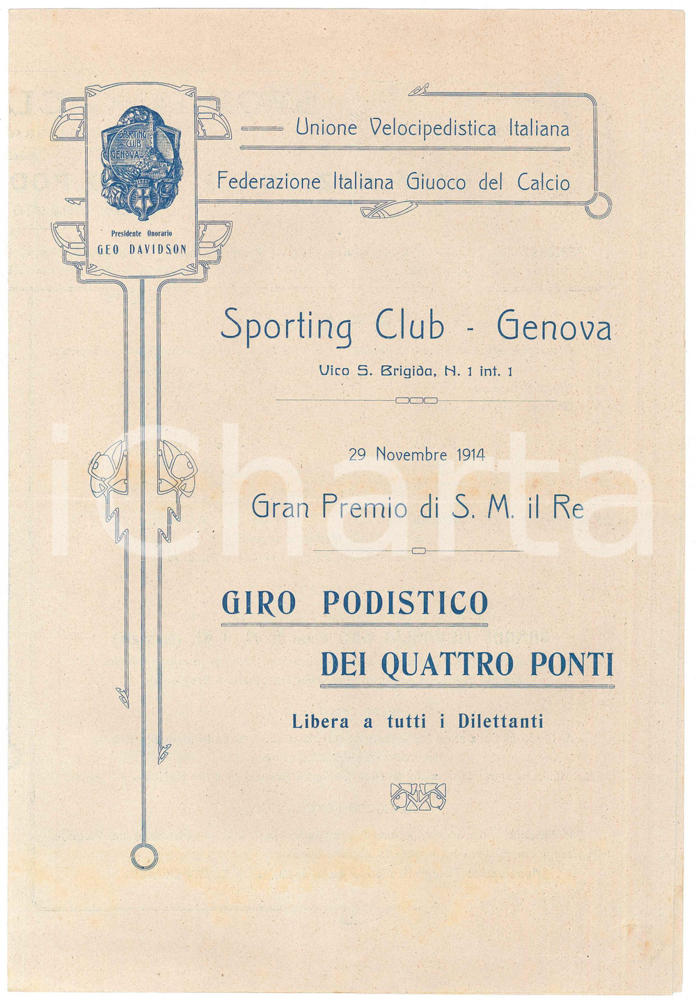 1914 SPORTING CLUB GENOVA Giro Podistico dei Quattro Ponti ^Programma  Pieghevole d'epoca, contenente il programma di gara.PAGINE: 4 FAIR/discreto piegatura centrale d'epoca Formato: 22x32 cm originale e autentica 1