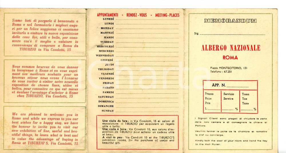 1950 ca ROMA - ALBERGO NAZIONALE Cartina della città *Pieghevole (3) Pieghevole turistico d'epoca.DIMENSIONI: 22x12 cm CONDIZIONI: FAIR (segni d'uso)    originale e autentica 1