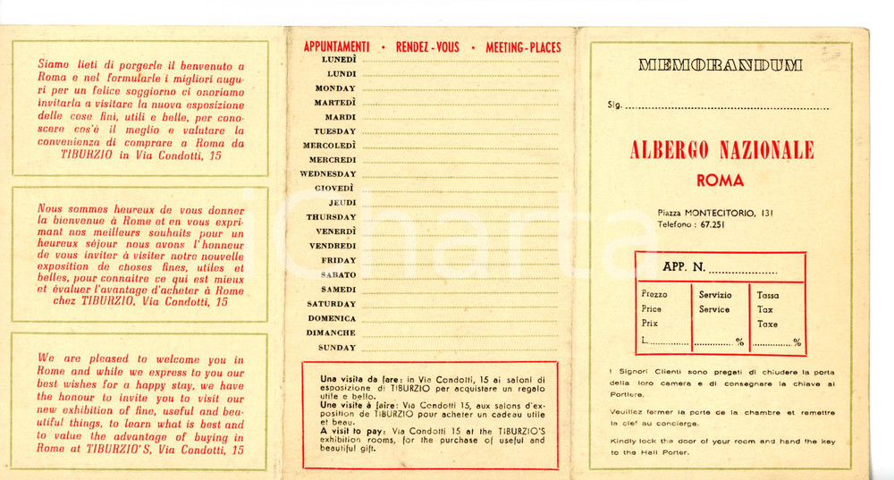 1950 ca ROMA - ALBERGO NAZIONALE Cartina della città  *Pieghevole (4) Pieghevole turistico d'epoca.DIMENSIONI: 22x12 cm CONDIZIONI: G (ma lievi segni d'uso)    originale e autentica 1
