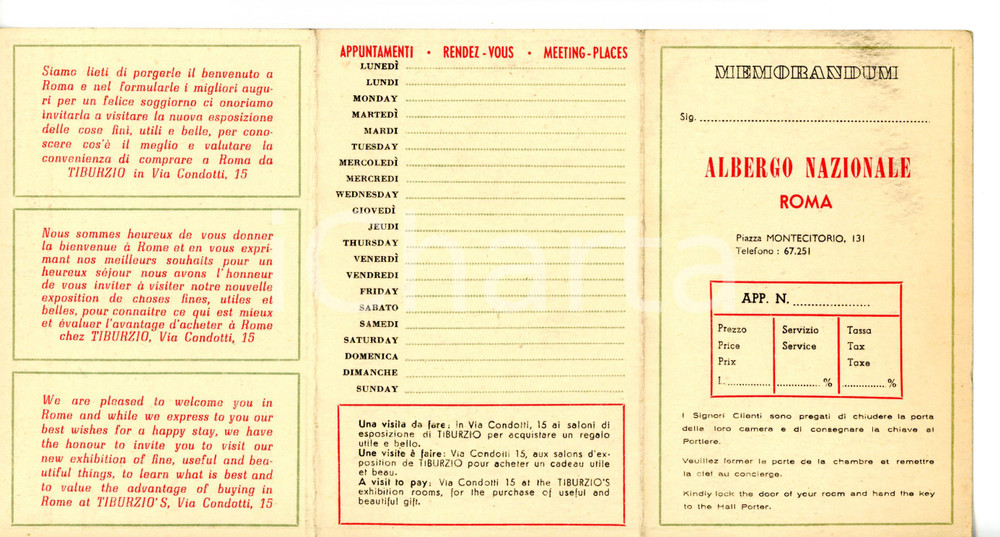 1950 ca ROMA - ALBERGO NAZIONALE Cartina della città  *Pieghevole (2) Pieghevole turistico d'epoca.DIMENSIONI: 22x12 cm CONDIZIONI: G (ma lievi segni d'uso)    originale e autentica 1