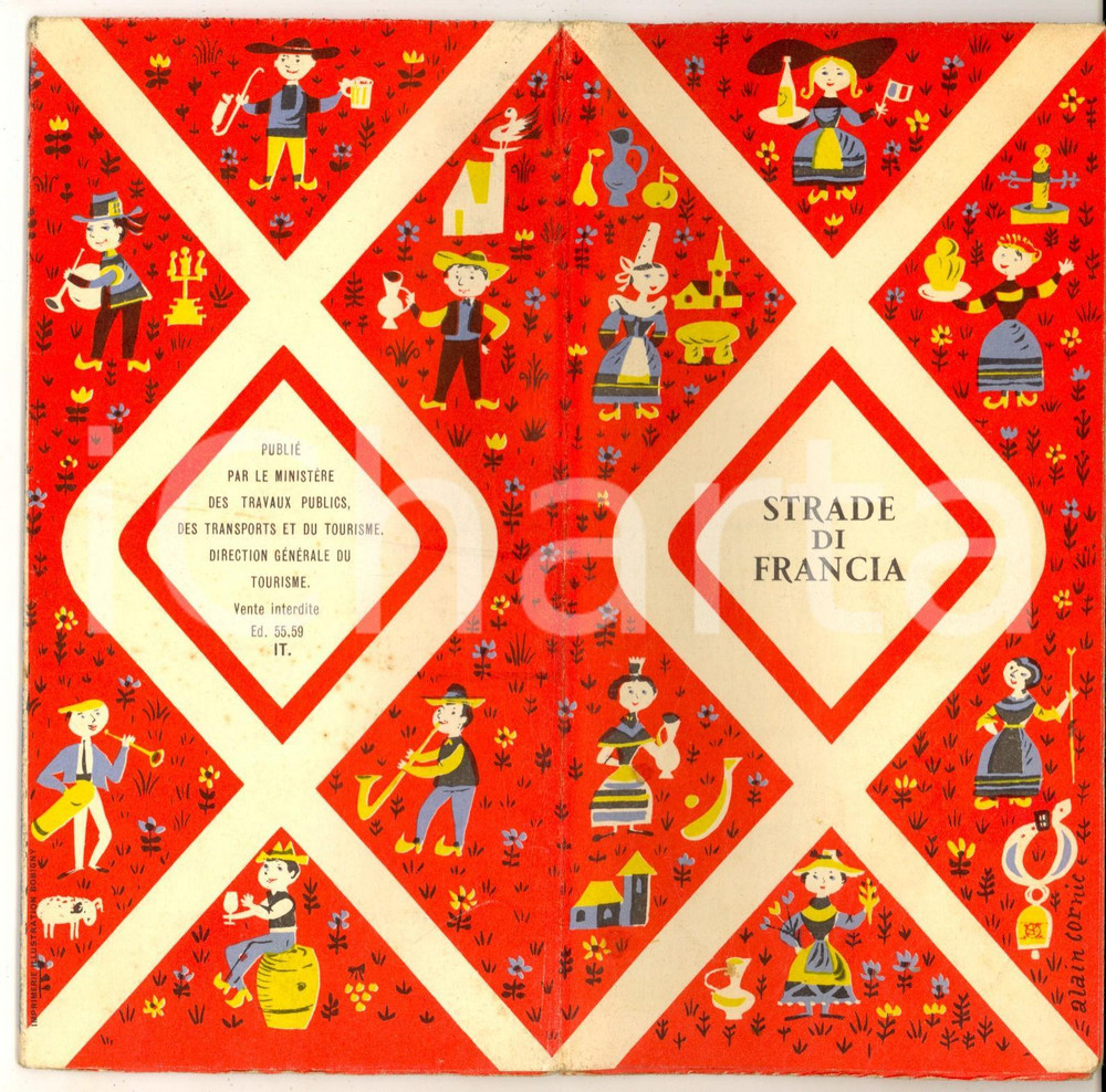 1955 Strade di FRANCIA Pieghevole VINTAGE con carta stradale - Italiano  2  Pieghevole turistico d'epoca, illustrato, con carta stradale al verso.  CONDIZIONI: G (ma minime fioriture)     originale e autentica 1