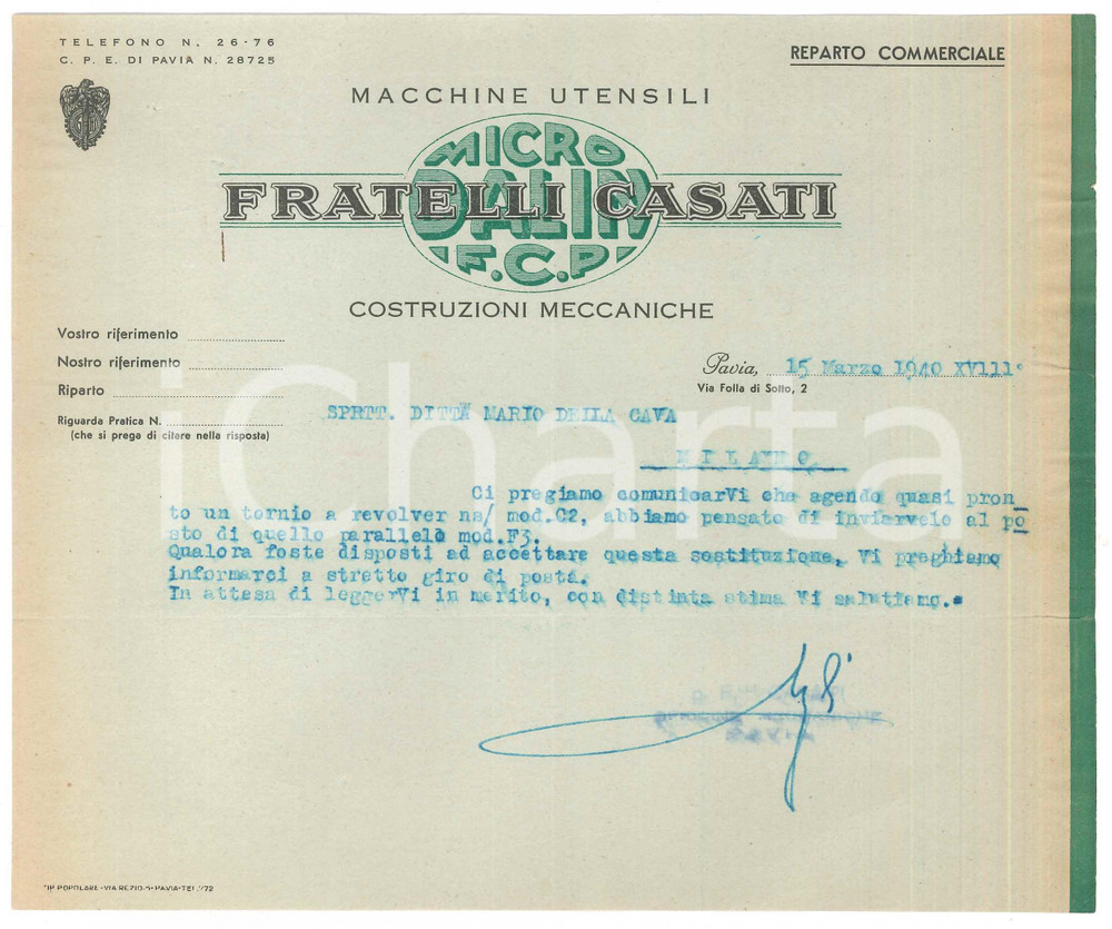Documento originale, autentico 1940 PAVIA Fratelli CASATI Macchine utensili  Costruzioni meccaniche Lettera 1 1