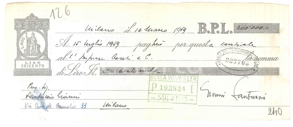 Autografo originale 1959 MILANO Attore GIANNI SANTUCCIO  AUTOGRAFO su cambiale B.P.L. 3 1