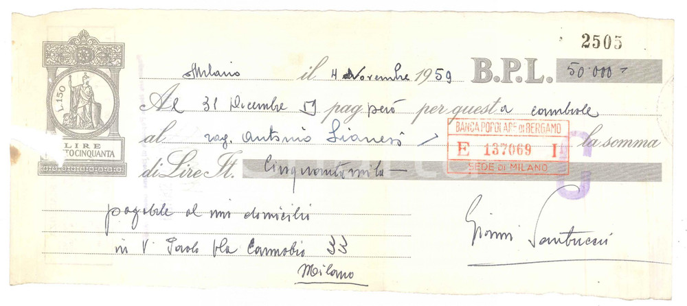 Autografo originale 1959 MILANO Attore GIANNI SANTUCCIO  AUTOGRAFO su cambiale B.P.L. 4 1