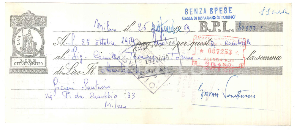 Autografo originale 1959 MILANO Attore GIANNI SANTUCCIO  AUTOGRAFO su cambiale B.P.L. 2 1