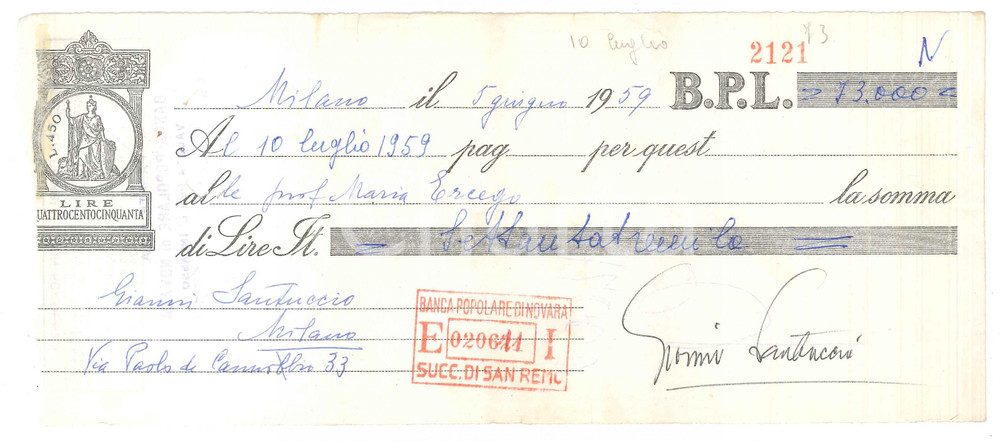 Autografo originale 1959 MILANO Attore GIANNI SANTUCCIO  AUTOGRAFO su cambiale B.P.L. 1 1