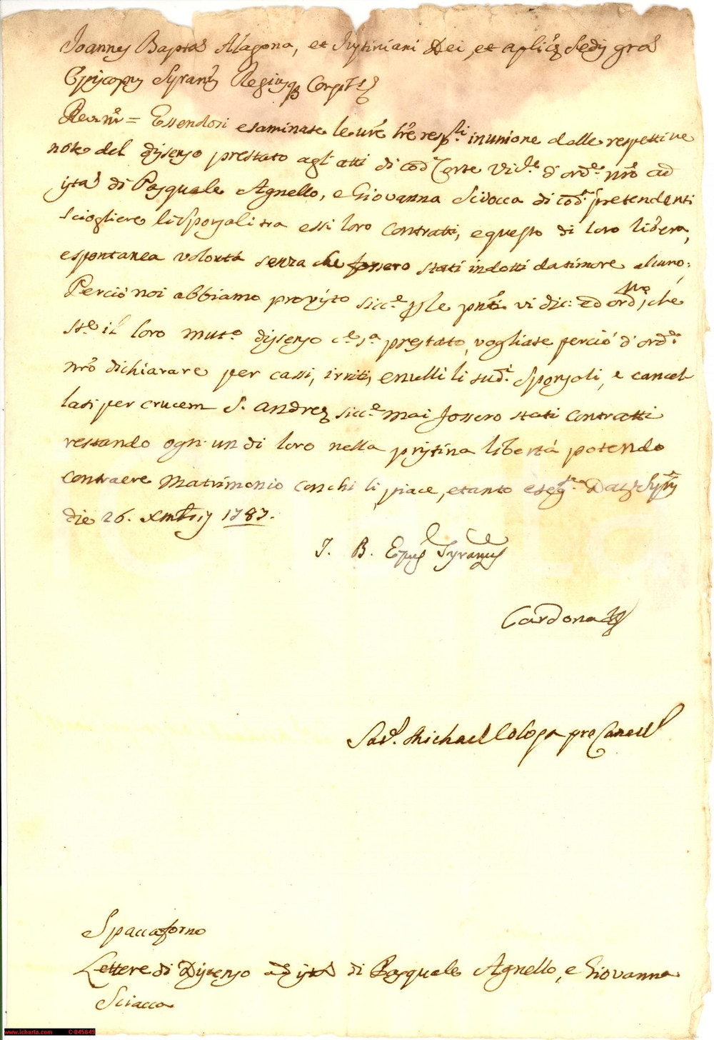 Documento originale, autentico 1787 ISPICA RG Rottura sponsali AGNELLO  SCIACCA 1